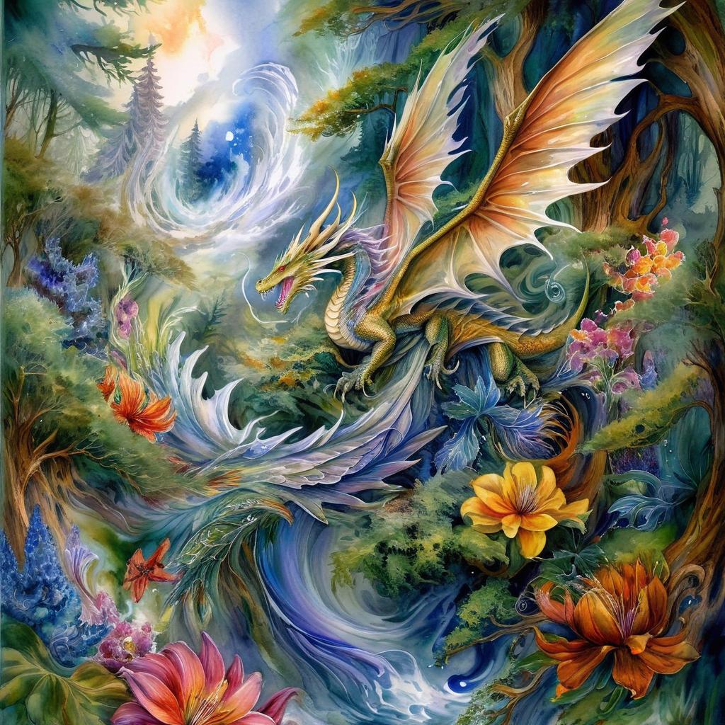 Mystical and spiritual watercolor painting of a winged dragon in a dense forest with winding trees and a whirlwind of colorful and beautiful flowers.