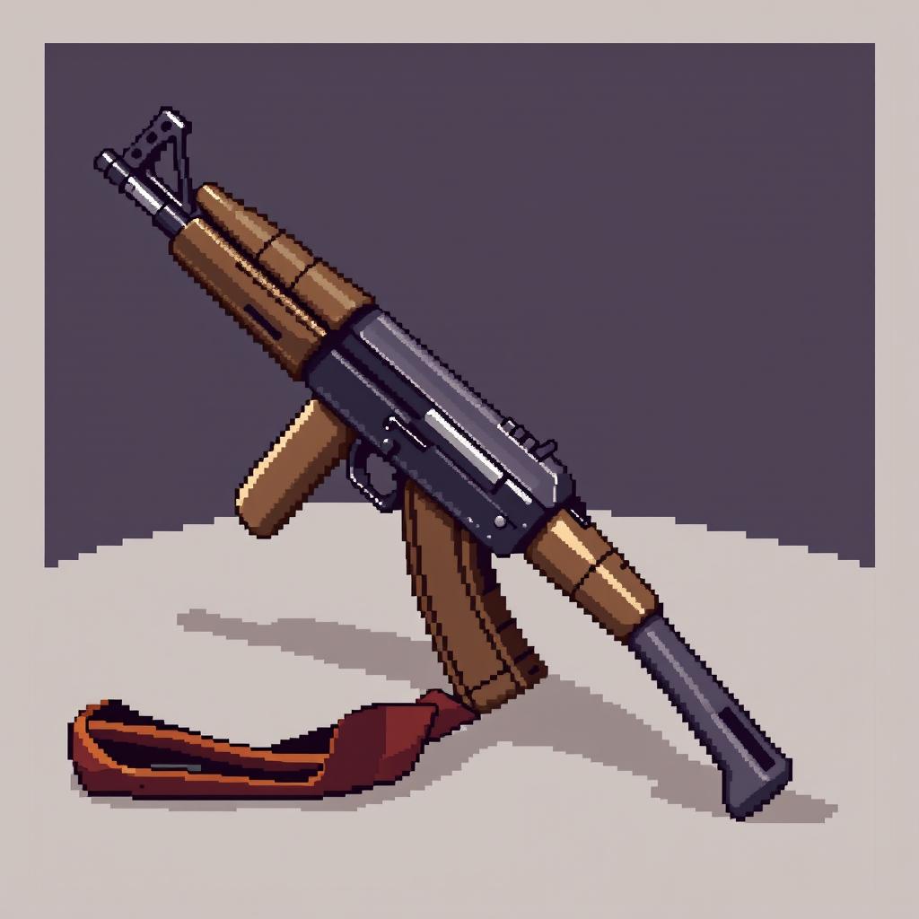 A pixel art representation of an AK-47 rifle, designed in a realistic style with the weapon posed at a 45° angle