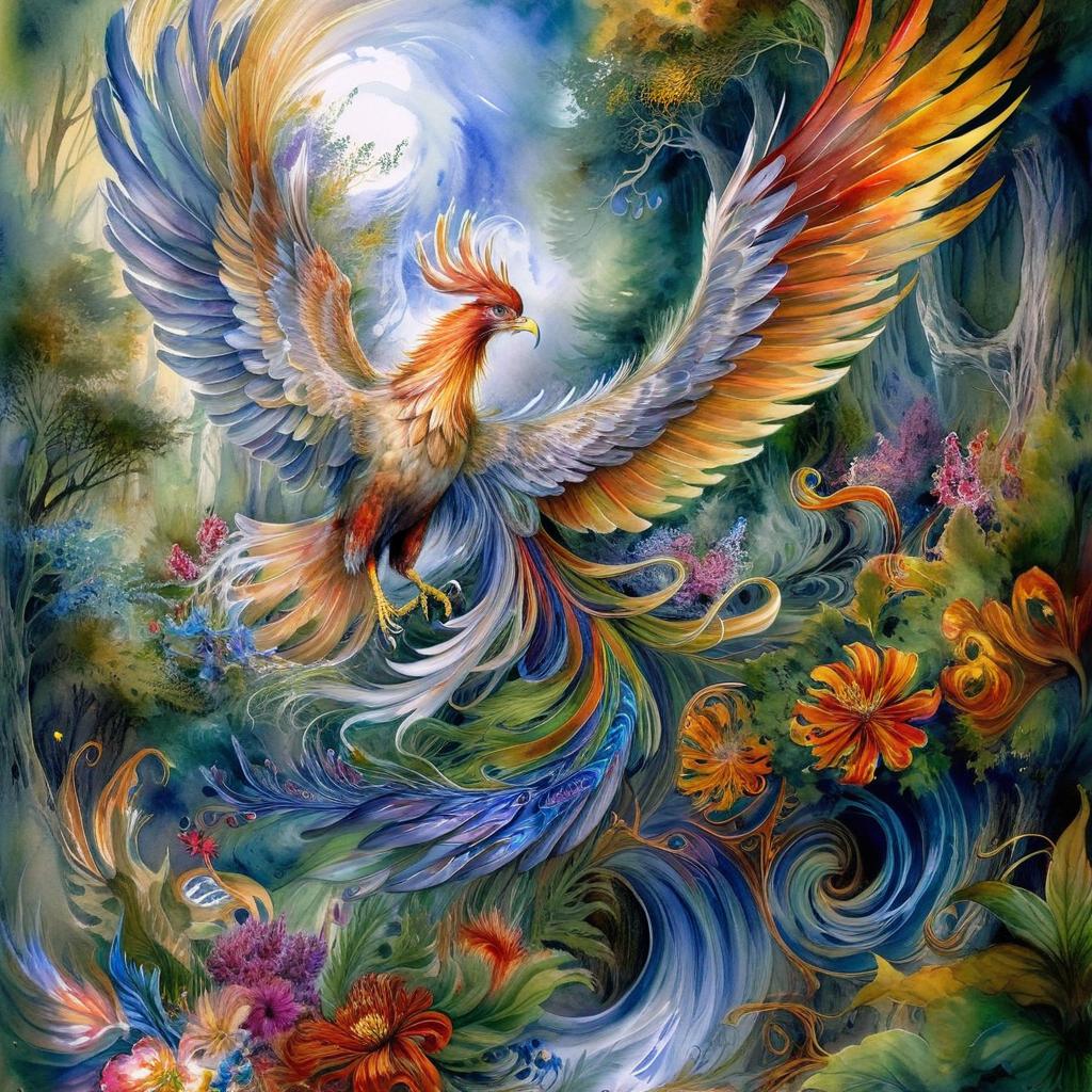 Mystical and spiritual watercolor painting of a winged Phoenix in a dense forest with winding trees and a whirlwind of colorful and beautiful flowers.