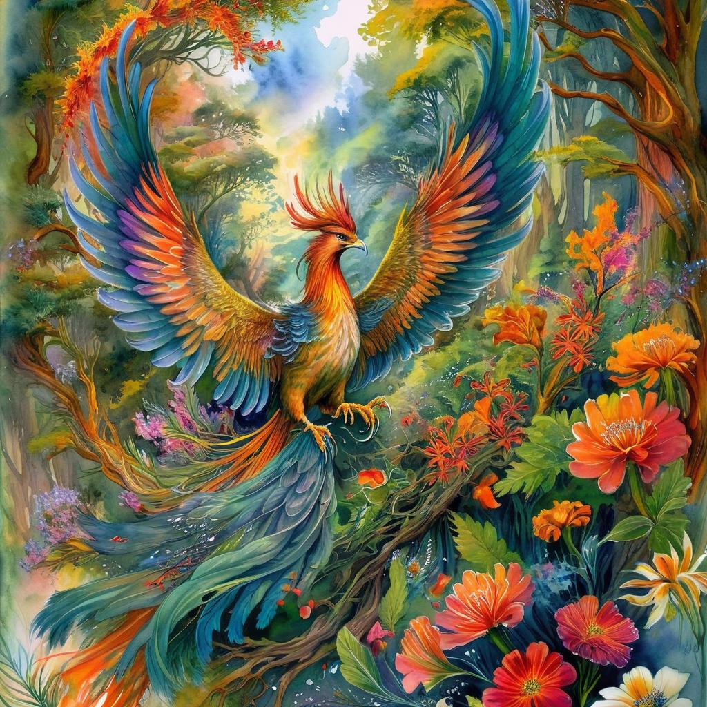 Mystical and spiritual watercolor painting of a winged Phoenix in a dense forest with winding trees and a whirlwind of colorful and beautiful flowers.