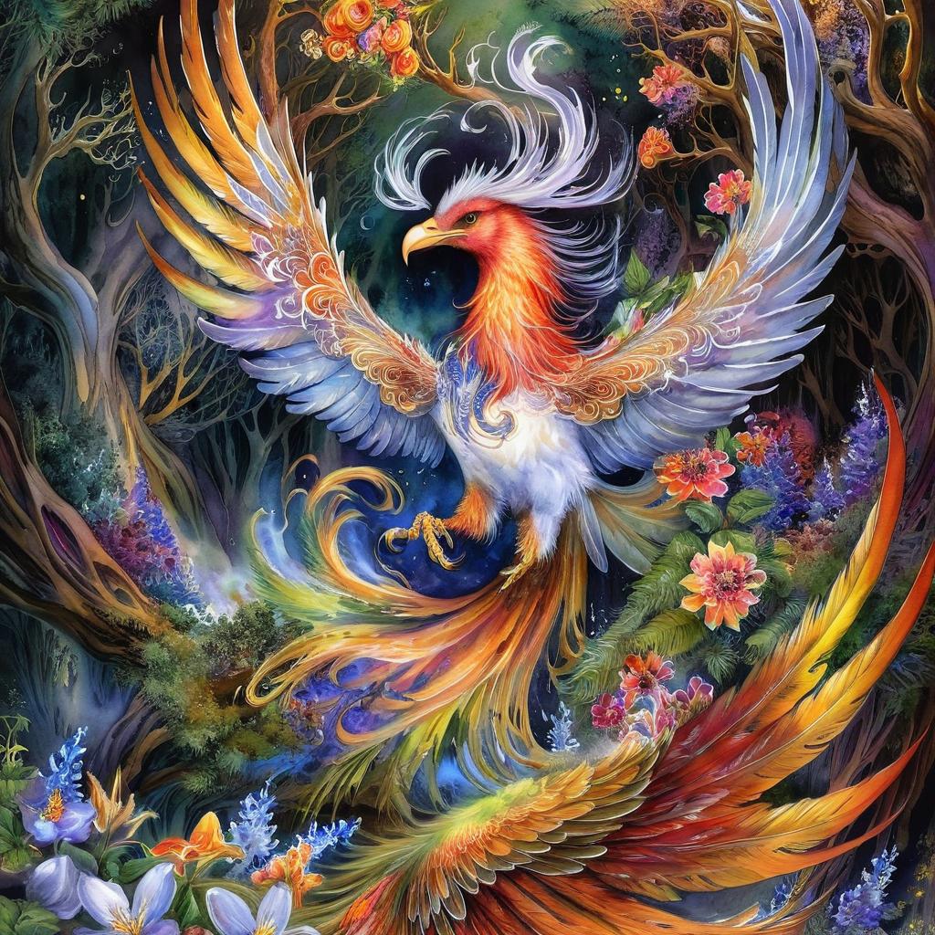 Mystical and spiritual watercolor painting of a winged Phoenix in a dense forest with winding trees and a whirlwind of colorful and beautiful flowers.