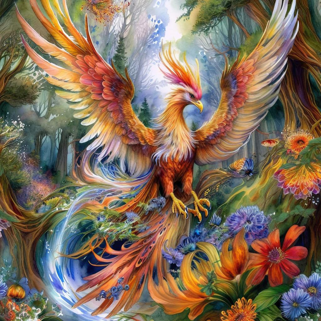 Mystical and spiritual watercolor painting of a winged Phoenix in a dense forest with winding trees and a whirlwind of colorful and beautiful flowers.