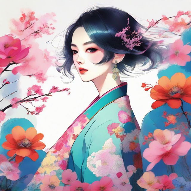 A striking piece of art featuring Jin Mori, styled in a vibrant and beautiful illustration.