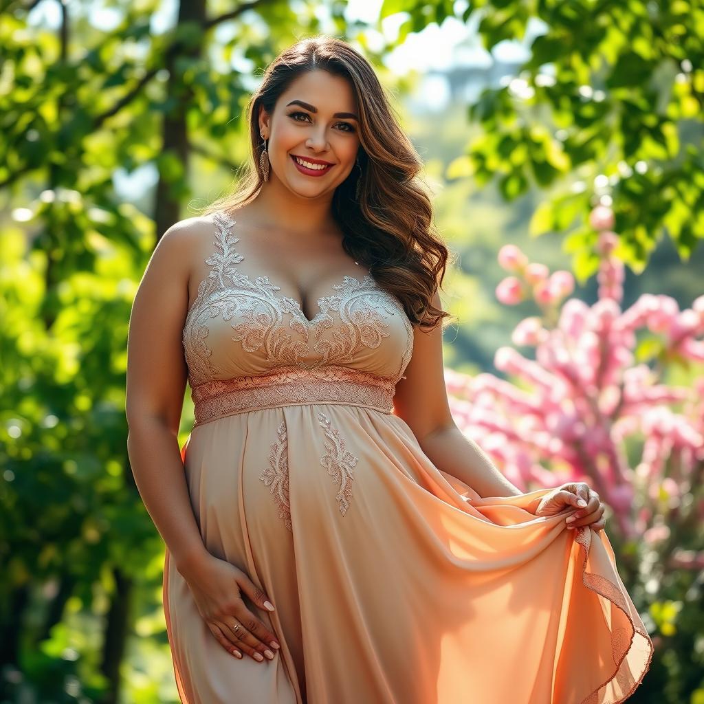 A thick, realistic, and beautiful woman wearing an elegant, flowing dress that accentuates her curves