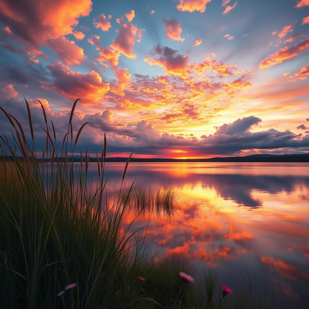 A highly realistic depiction of a serene landscape featuring a vibrant sunset over a tranquil lake