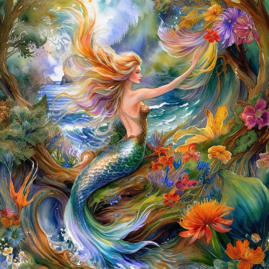 A mystical and spiritual watercolor painting of a mermaid by the seashore in a dense forest with winding trees and a whirlwind of colorful and beautiful flowers.