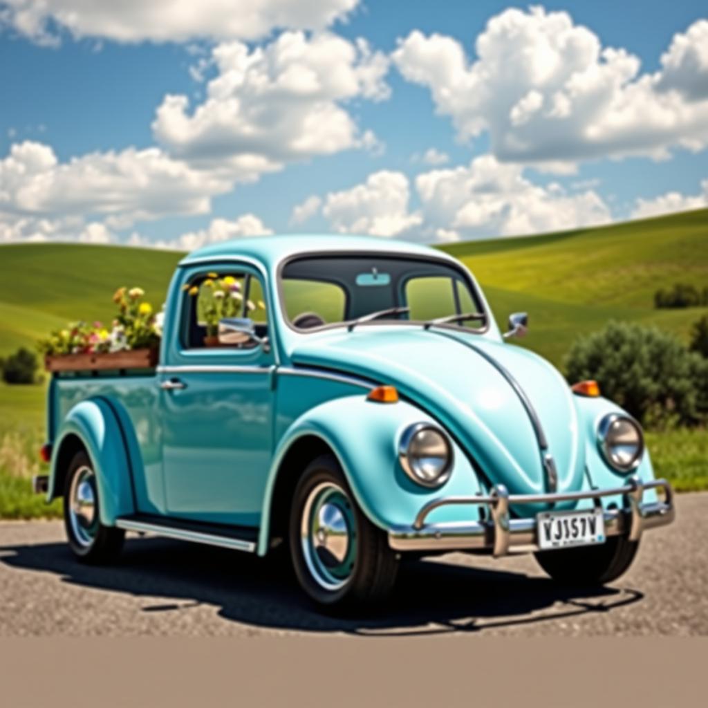 A vintage Volkswagen Beetle converted into a charming pickup truck, showcasing its classic rounded body, nostalgic curves, and distinctive front grille