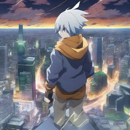 A powerhouse anime character, imbued with the power of electricity, stands atop a skyscraper, gazing across a bustling cityscape.