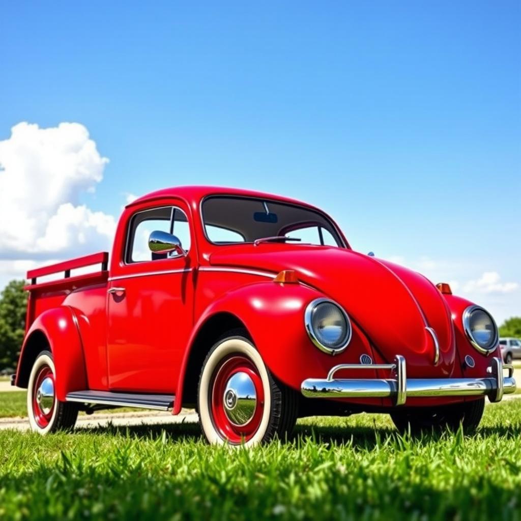 A vintage Volkswagen Beetle transformed into a pickup truck, with a striking red color