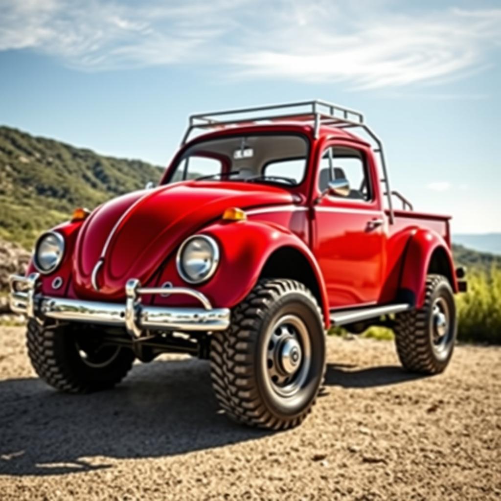 A vintage VW Beetle transformation into a rugged 4x4 pickup truck design