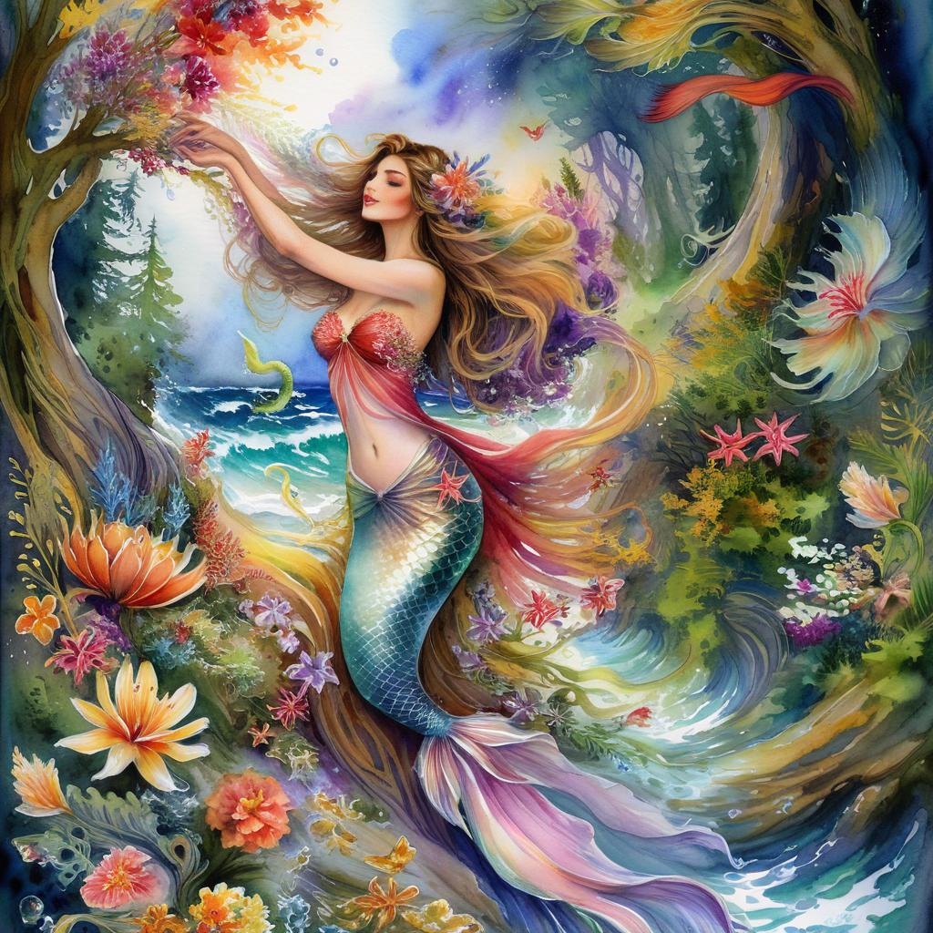 A mystical and spiritual watercolor painting of a mermaid by the seashore in a dense forest with winding trees and a whirlwind of colorful and beautiful flowers.