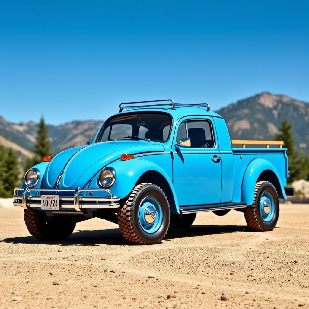 A VW New Beetle reimagined as a 4x4 pickup truck, featuring a vibrant blue color