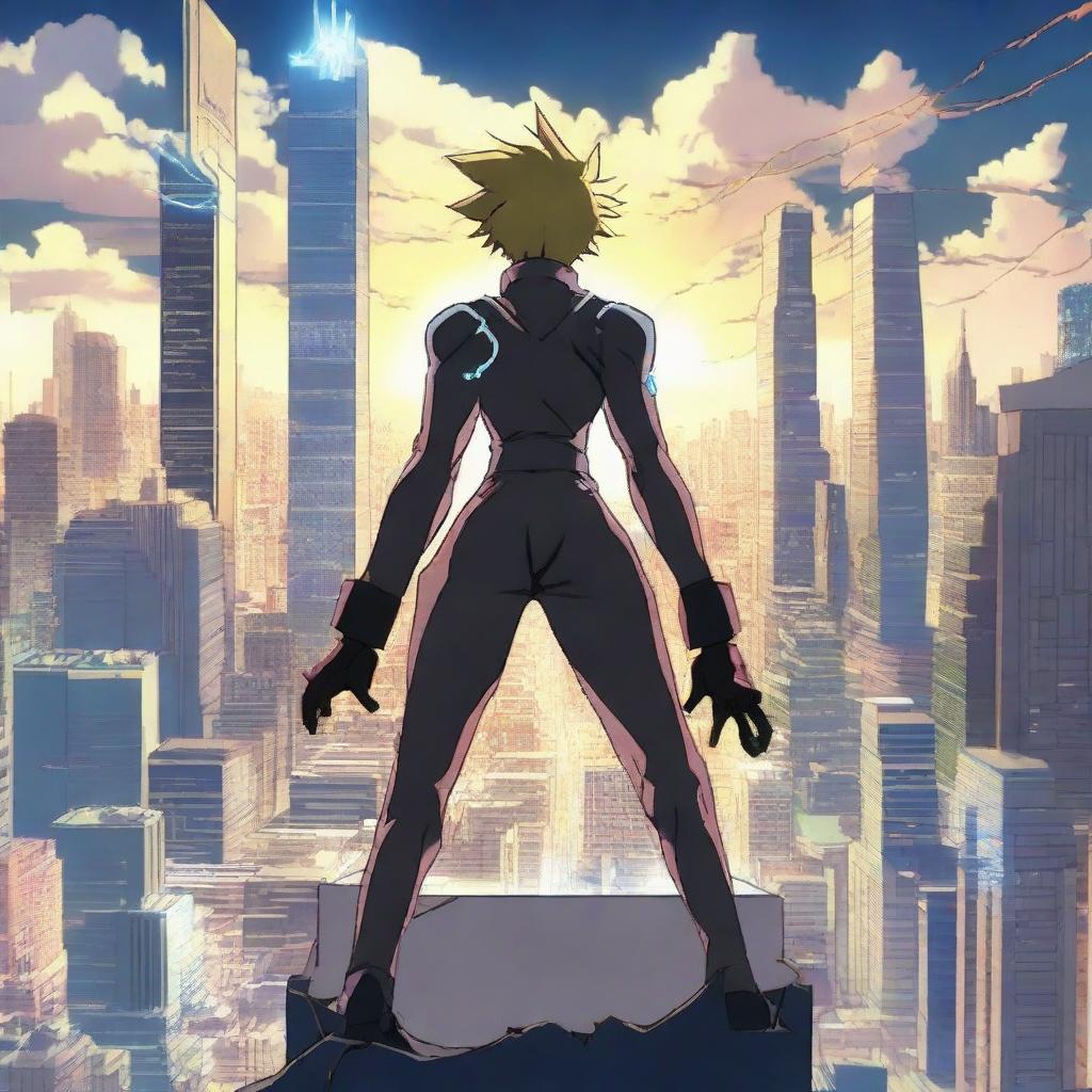 A powerhouse anime character, imbued with the power of electricity, stands atop a skyscraper, gazing across a bustling cityscape.