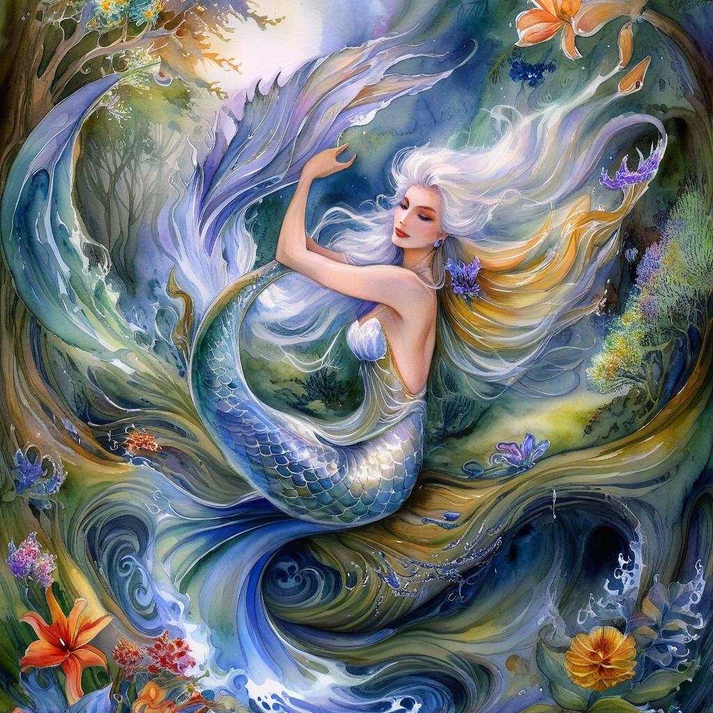 A mystical and spiritual watercolor painting of a mermaid by the seashore in a dense forest with winding trees and a whirlwind of colorful and beautiful flowers.