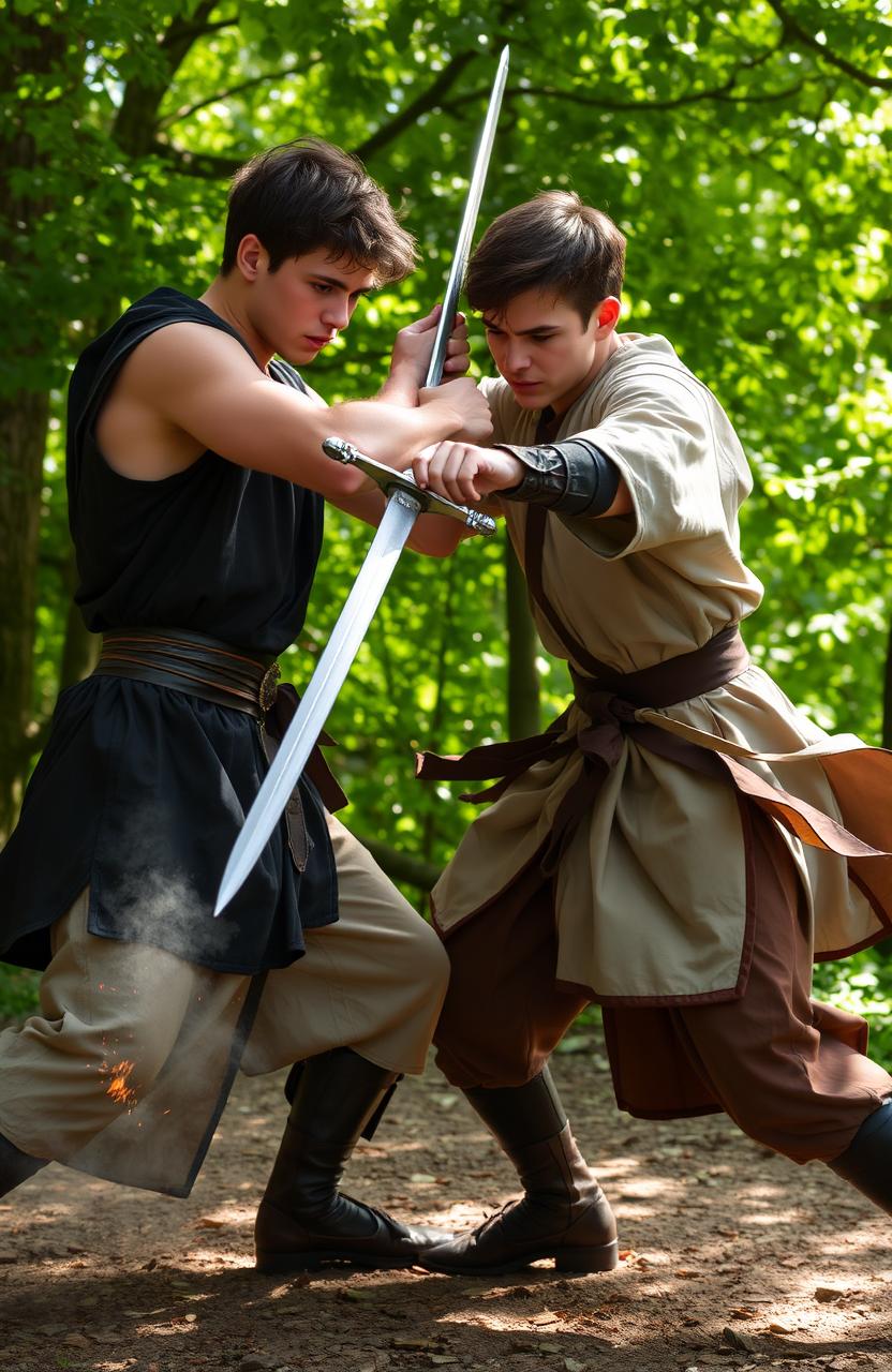 A dynamic and intense scene of two young men engaged in a sword fight, their muscles tensed as they clash swords with sparks flying