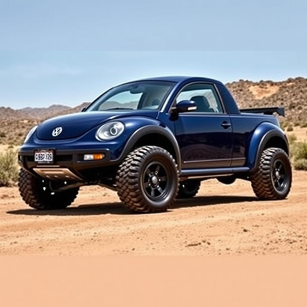 A stylish 2008 Volkswagen Beetle transformed into a robust 4x4 pickup truck, featuring an eye-catching dark blue color
