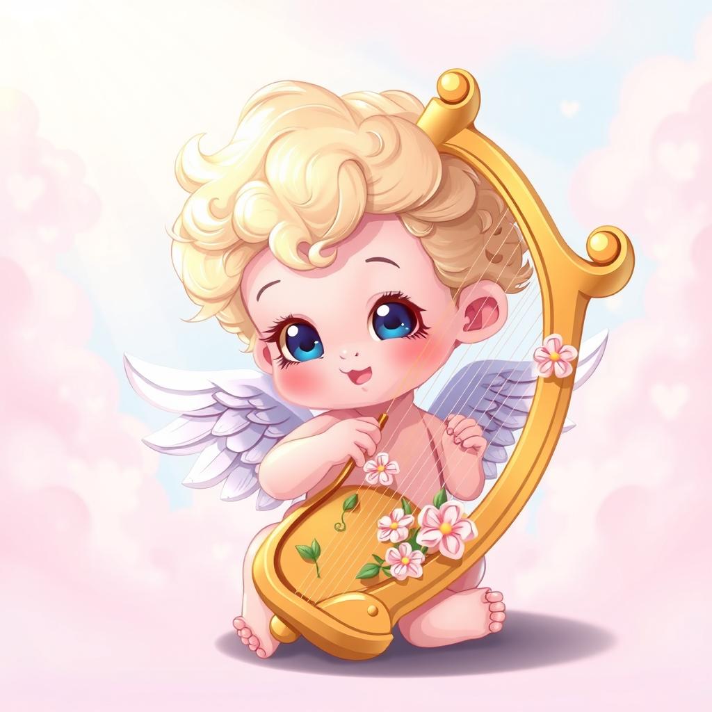 A whimsical 2D cartoon style illustration of a baby angel playing a harp