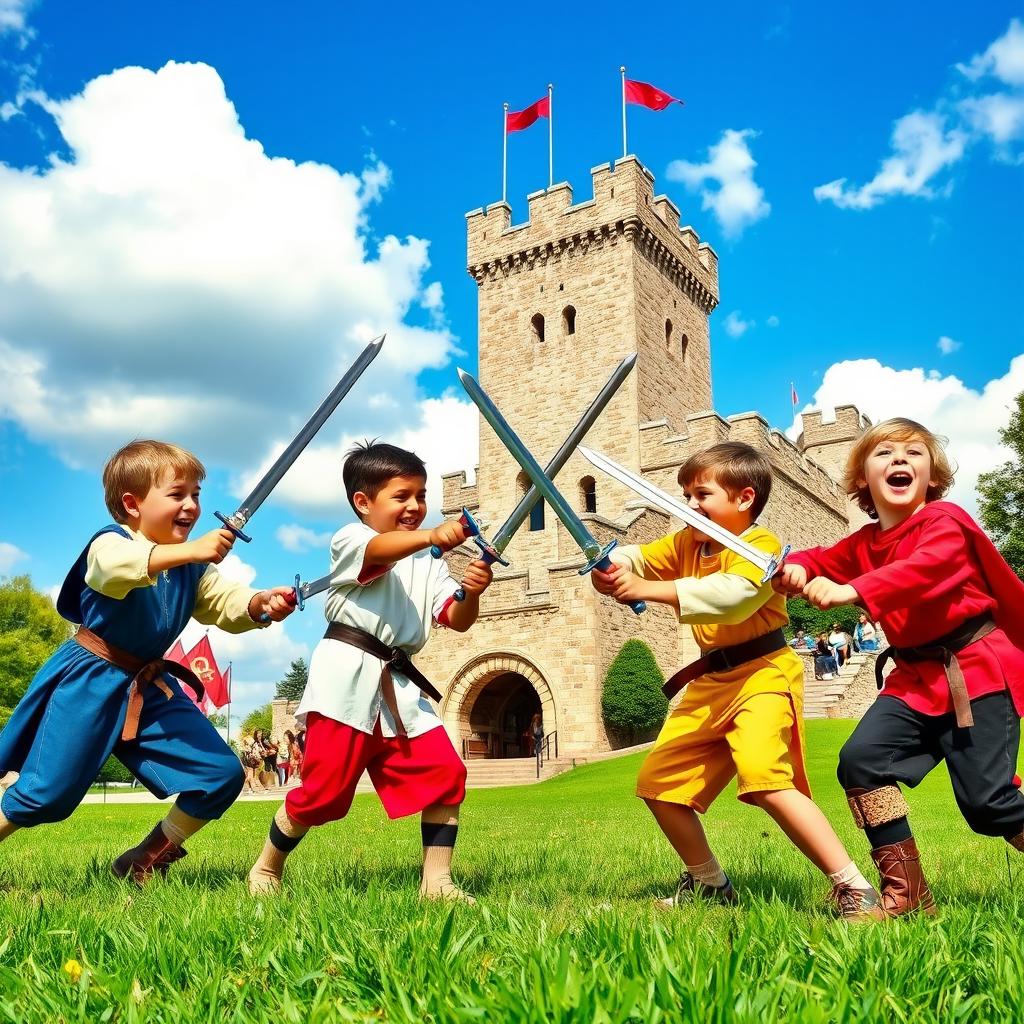 A vibrant scene depicting a group of boys, dressed in playful medieval-inspired costumes, energetically sword fighting in the foreground