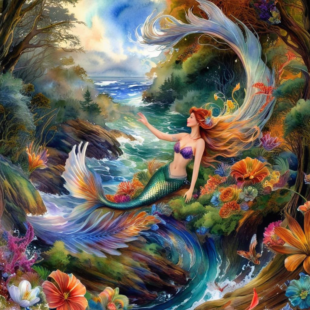 A mystical and spiritual watercolor painting of a mermaid by the seashore in a dense forest with winding trees and a whirlwind of colorful and beautiful flowers.