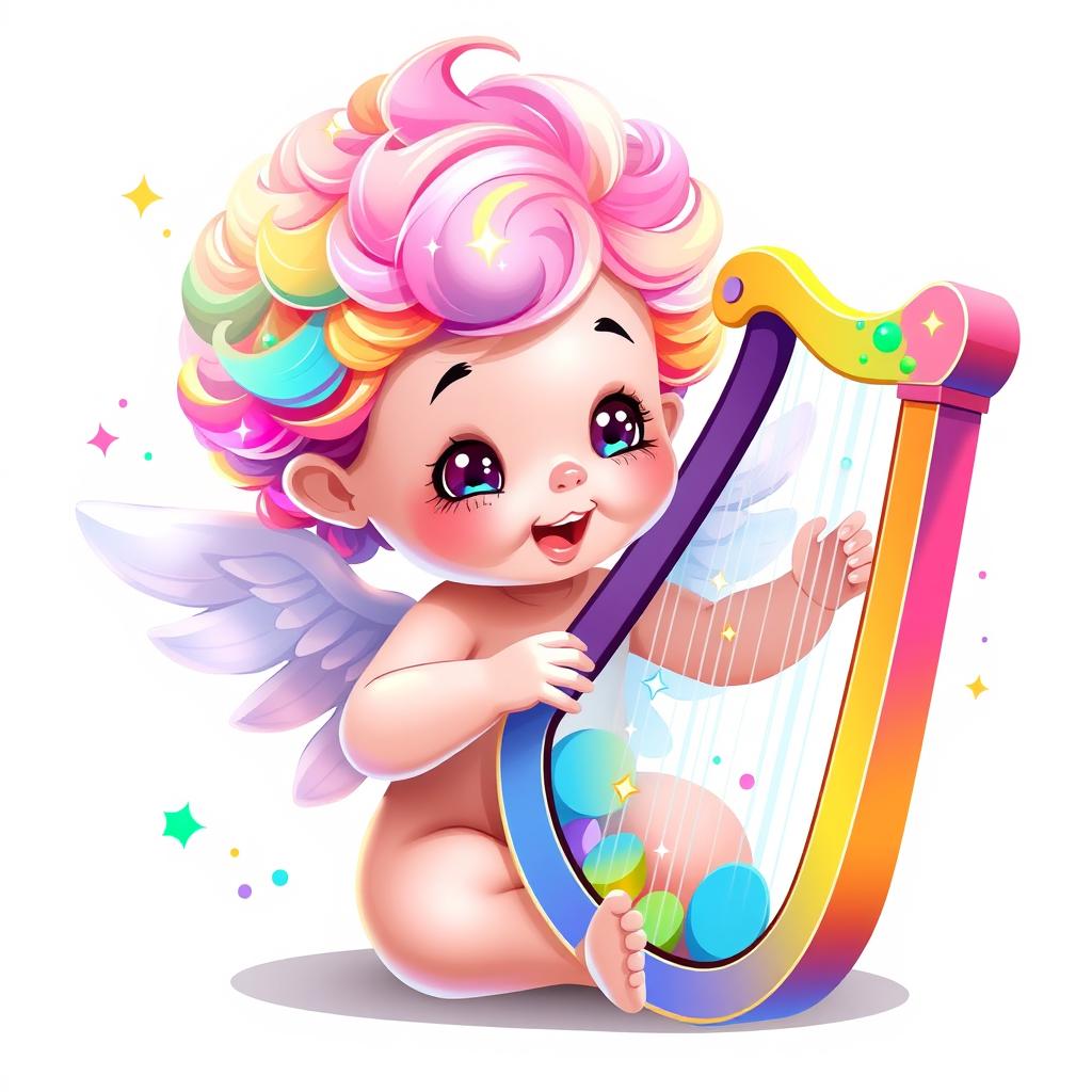 A delightful 2D cartoon style illustration of a colorful baby angel playing a harp