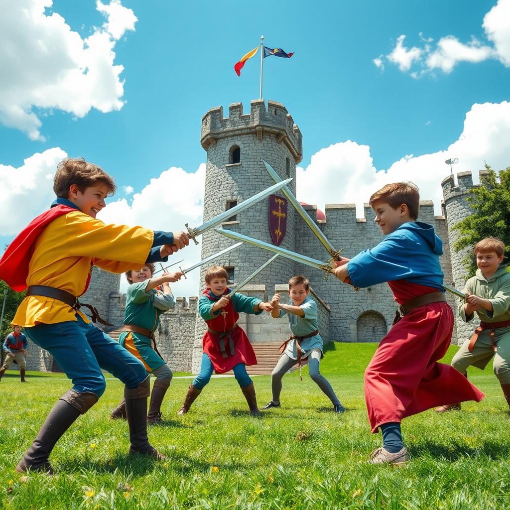 A lively scene featuring a group of teenage boys engaged in an exciting sword fight, set against the backdrop of a majestic castle