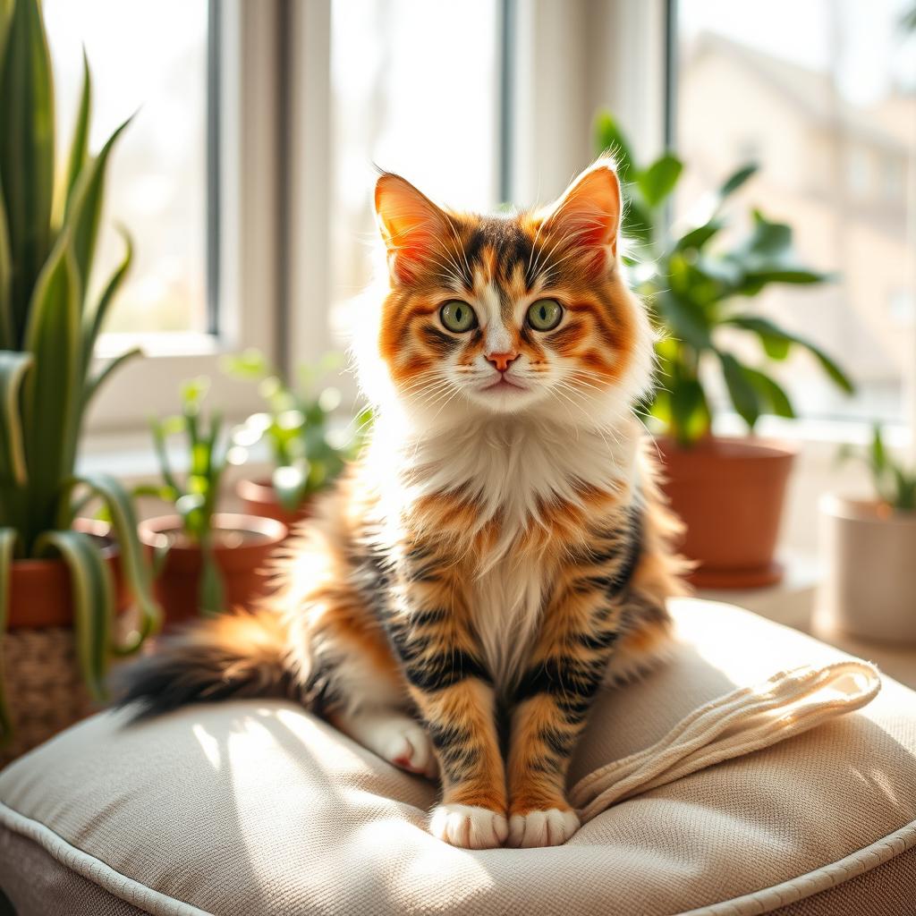 A serene and adorable image of a fluffy domestic cat sitting peacefully on a soft cushion in a sunlit room