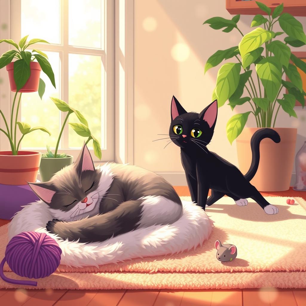 A whimsical digital illustration featuring two playful cats in a cozy living room
