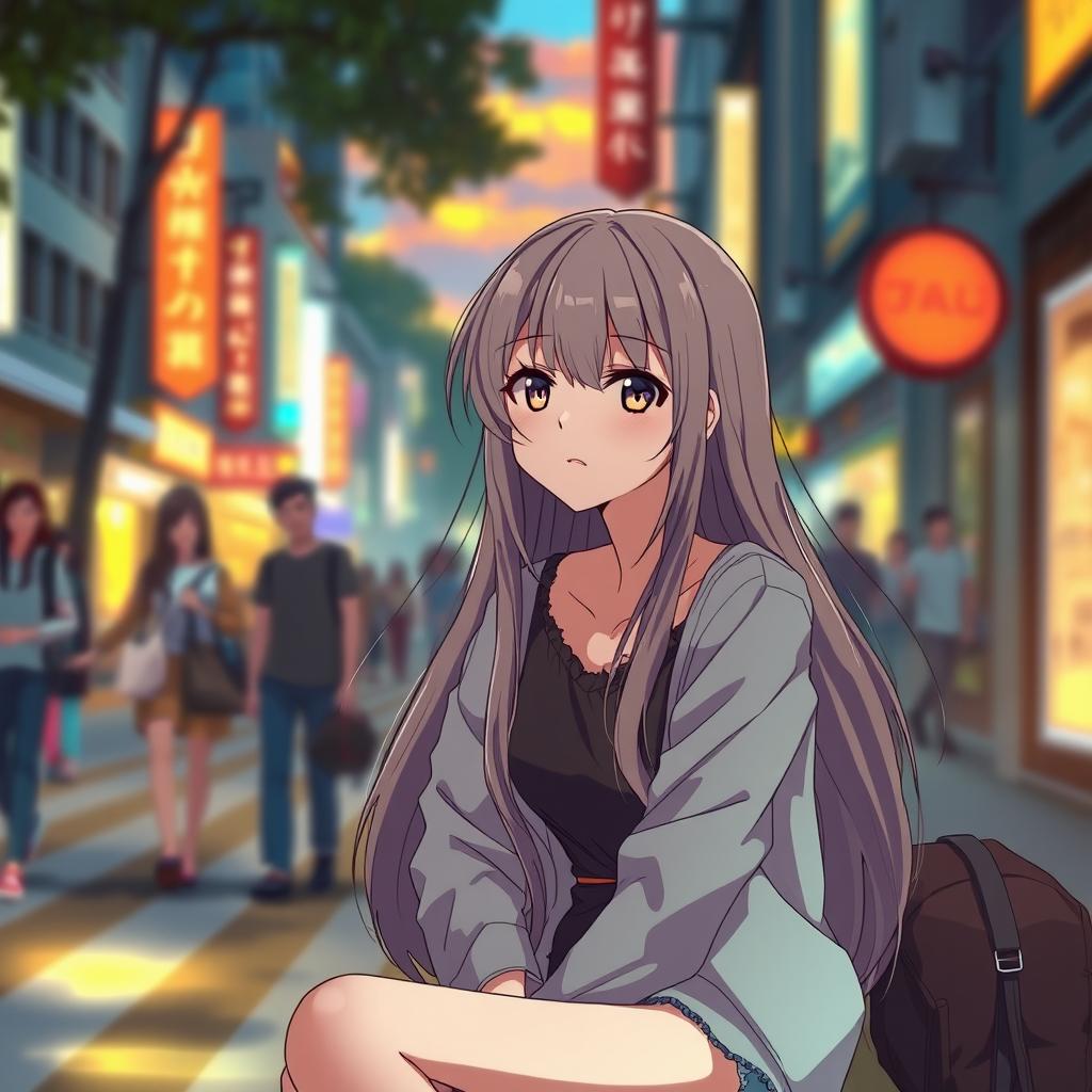 An anime girl who feels invisible, depicted sitting alone in a bustling city street, her expression thoughtful and slightly melancholic