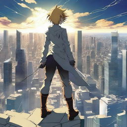 A powerhouse anime character, imbued with the power of electricity, stands atop a skyscraper, gazing across a bustling cityscape.