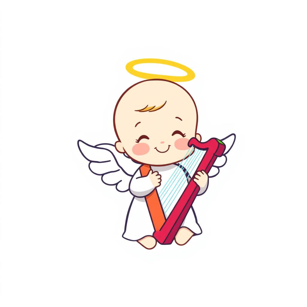 A very simple cartoon style illustration of a baby angel playing a harp, designed with bold outlines and minimal details