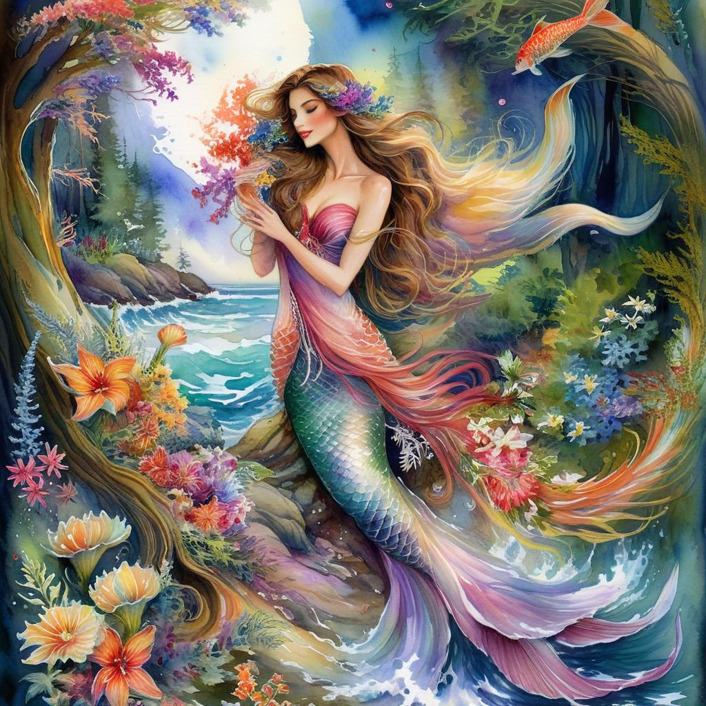 A mystical and spiritual watercolor painting of a mermaid by the seashore in a dense forest with winding trees and a whirlwind of colorful and beautiful flowers.