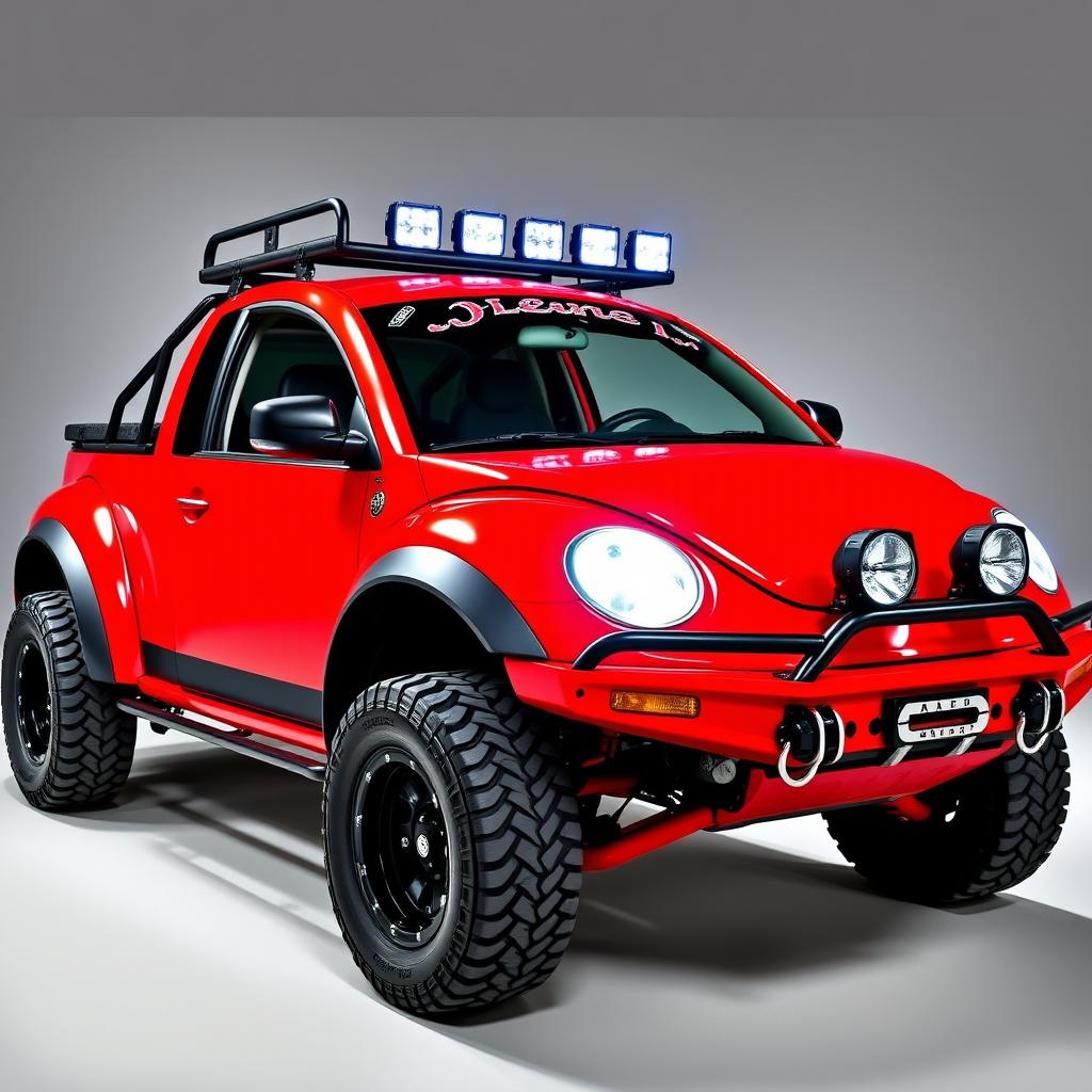 A vivid and striking 2008 Volkswagen Beetle transformed into a 4x4 pickup truck, showcased in a vibrant red color