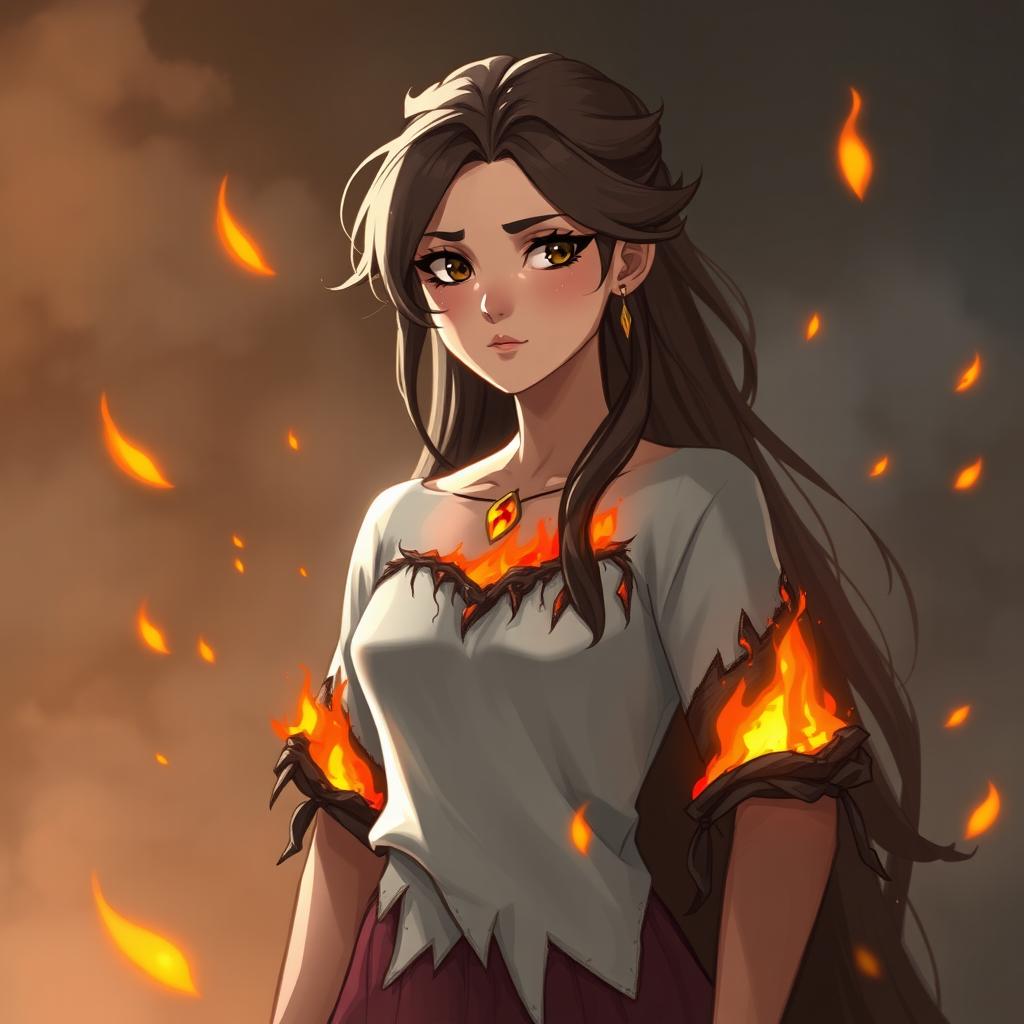 A digital illustration of a princess with burnt clothing, showcasing her resilience and strength