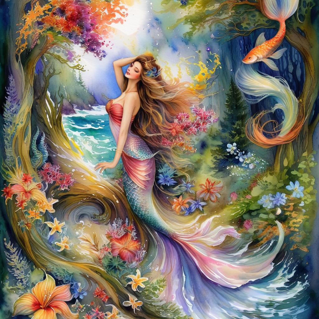 A mystical and spiritual watercolor painting of a mermaid by the seashore in a dense forest with winding trees and a whirlwind of colorful and beautiful flowers.