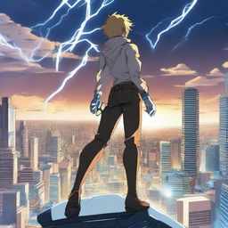 A powerhouse anime character, imbued with the power of electricity, stands atop a skyscraper, gazing across a bustling cityscape.