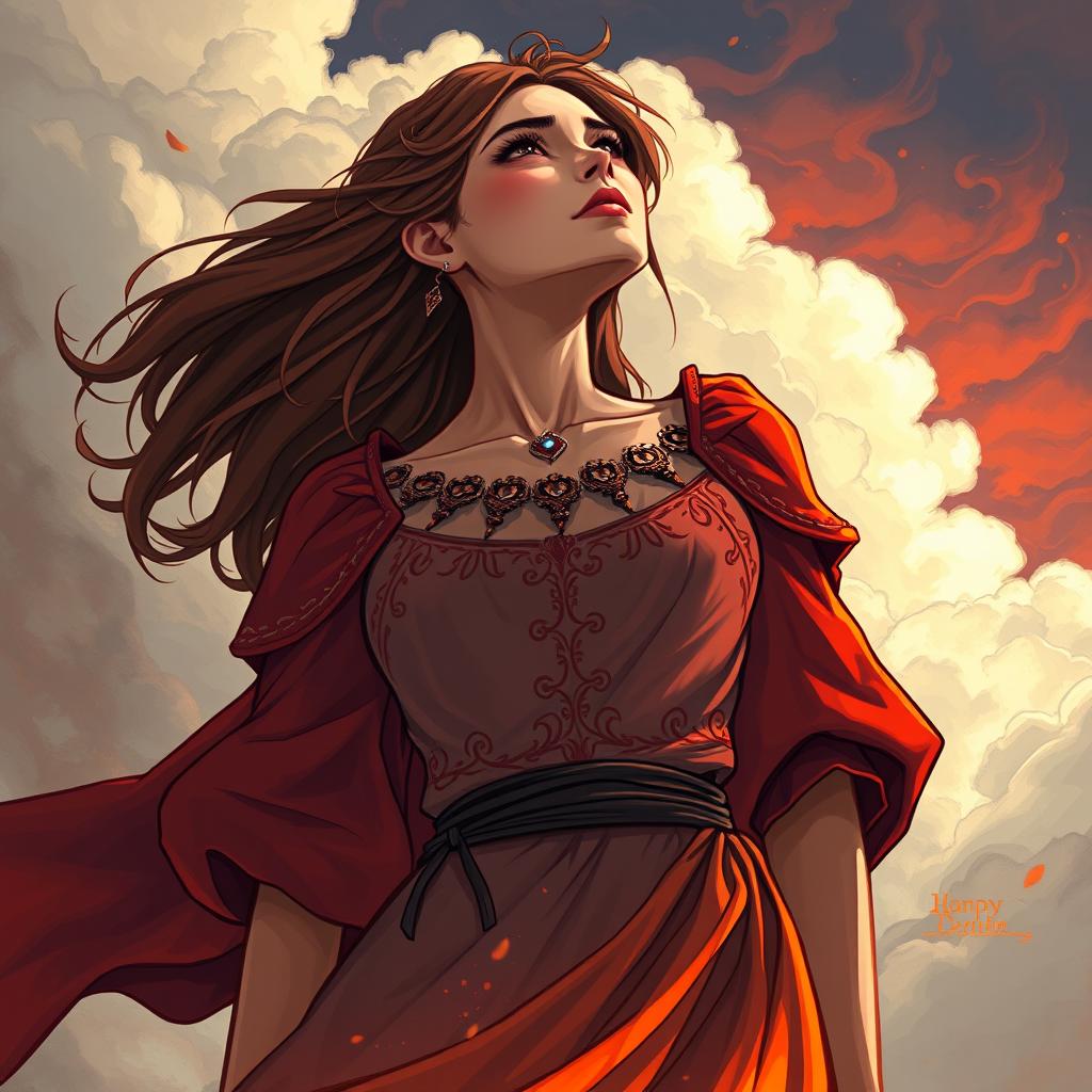 A digital illustration of a princess with burnt clothing, showcasing her full body as she gazes upwards