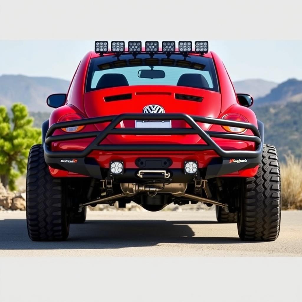 A modified 2008 Volkswagen Beetle transformed into a 4x4 pickup truck, showcasing a vibrant red color
