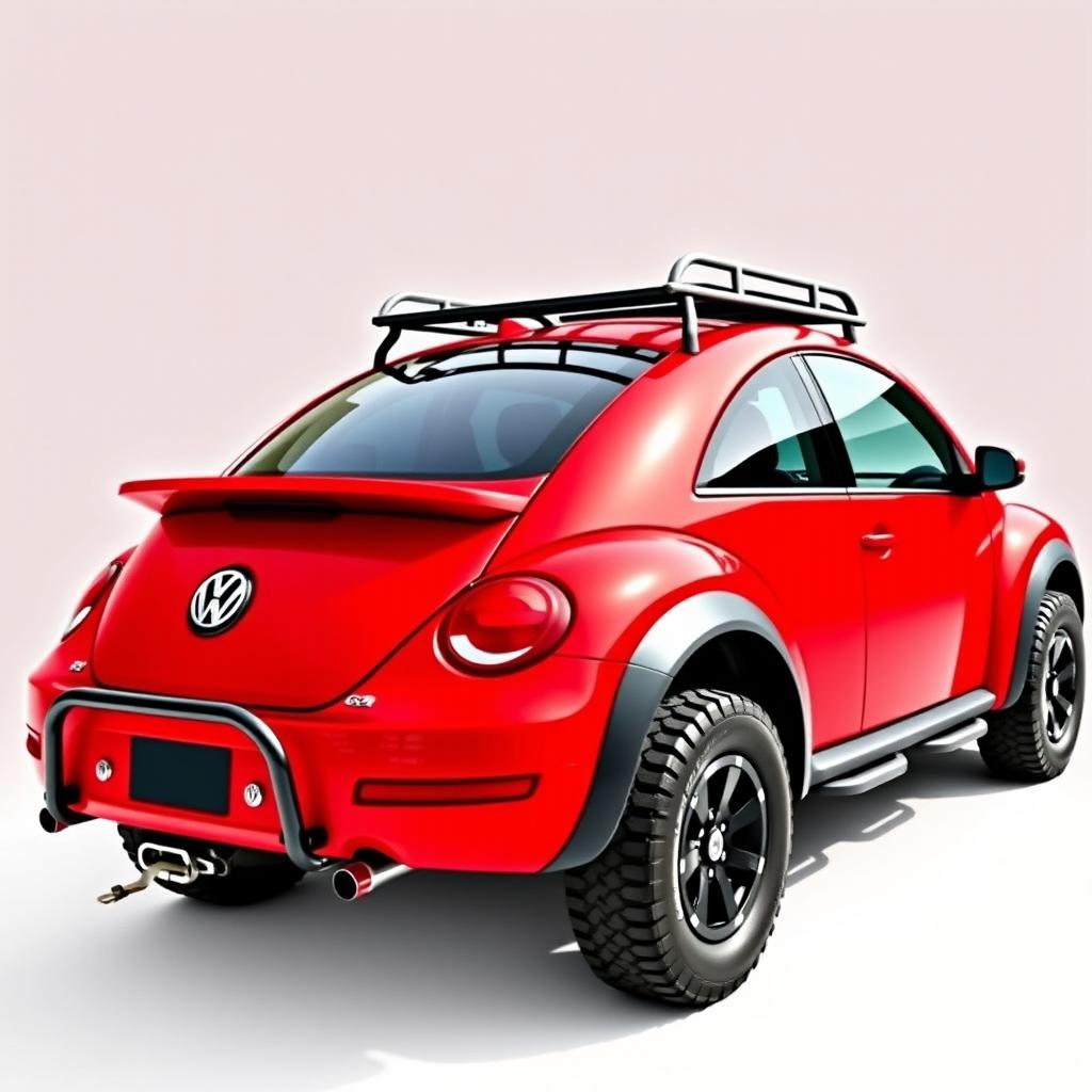 A 2008 Volkswagen Beetle transformed into a 4x4 pickup truck in bright red color