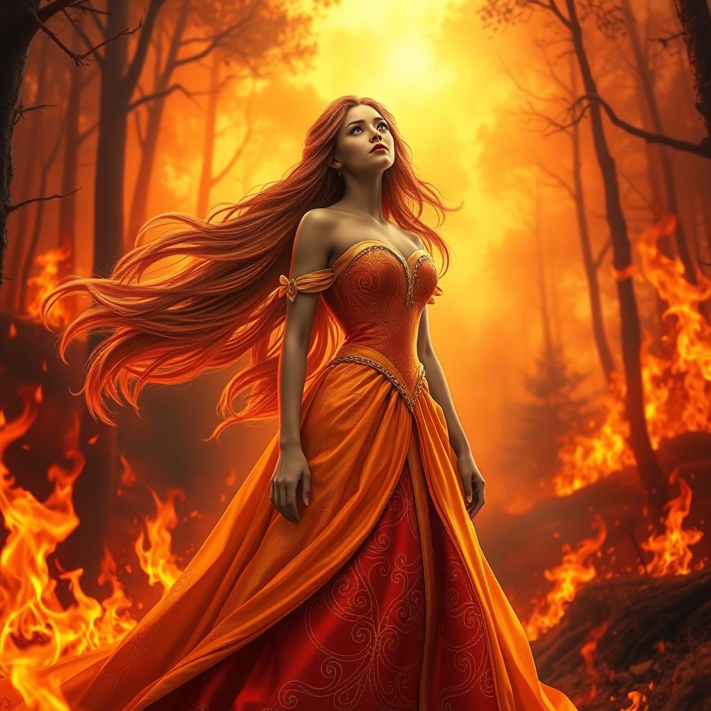 A very beautiful princess with long flowing hair, wearing a stunning gown that matches the fiery colors of the burning forest around her
