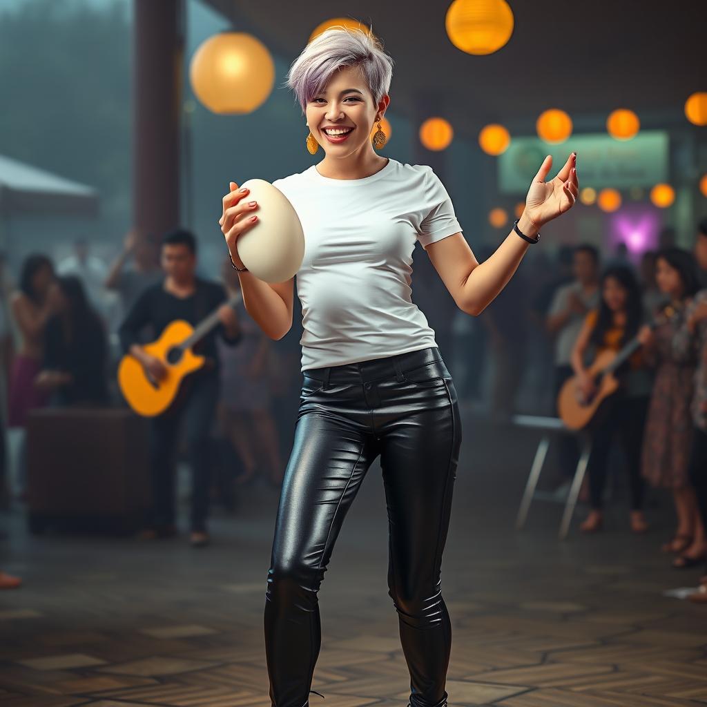 A hyper-realistic image of a beautiful 25-year-old woman of Indonesian-Dutch descent with short, violet blonde hair