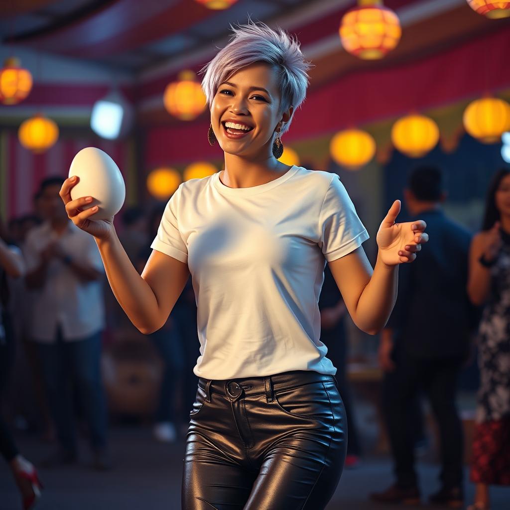 A highly realistic portrait of a beautiful 25-year-old woman of mixed Indonesian and Dutch descent with short violet blonde hair