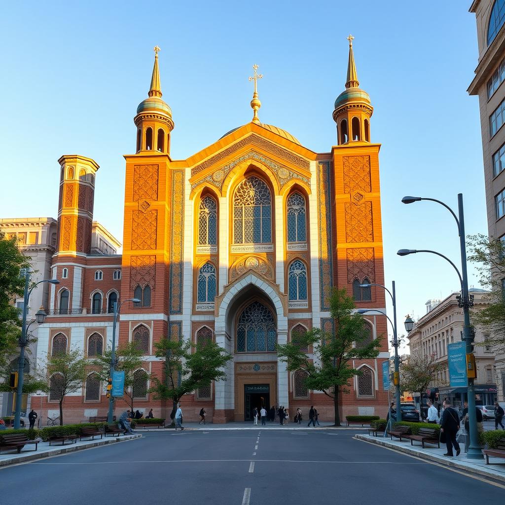 A magnificent religious building with intricate details in the traditional Iranian-Islamic style characteristic of the Safavid era, standing 8 meters tall from the ground to the roof line