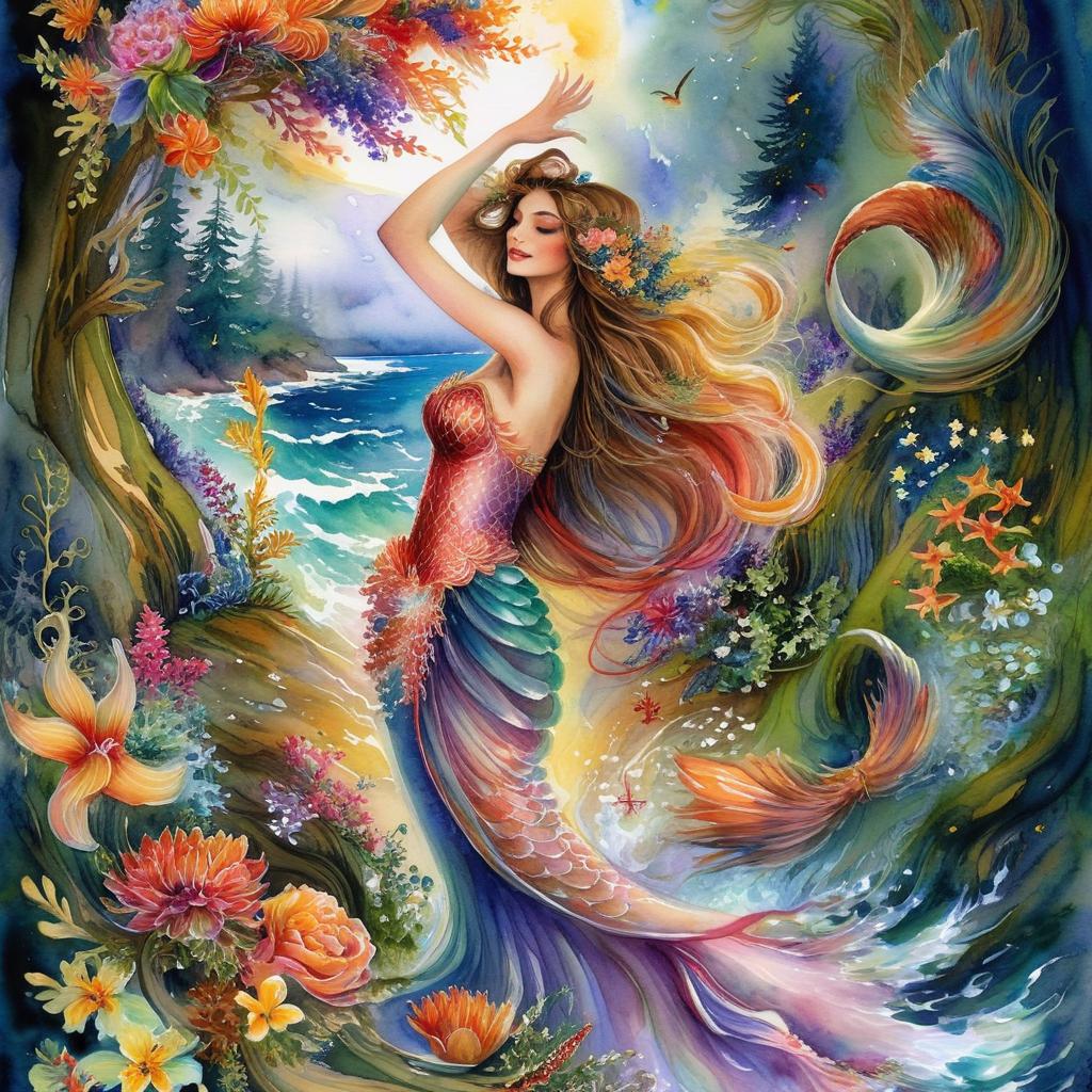 A mystical and spiritual watercolor painting of a mermaid by the seashore in a dense forest with winding trees and a whirlwind of colorful and beautiful flowers.