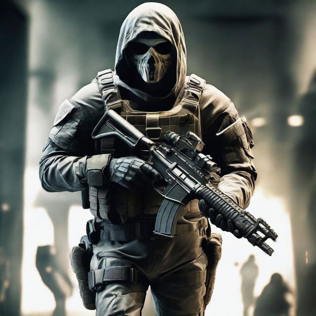 Strong and imposing portrayal of Ghost, the iconic character from Call of Duty, ready for action in his signature tactical gear.