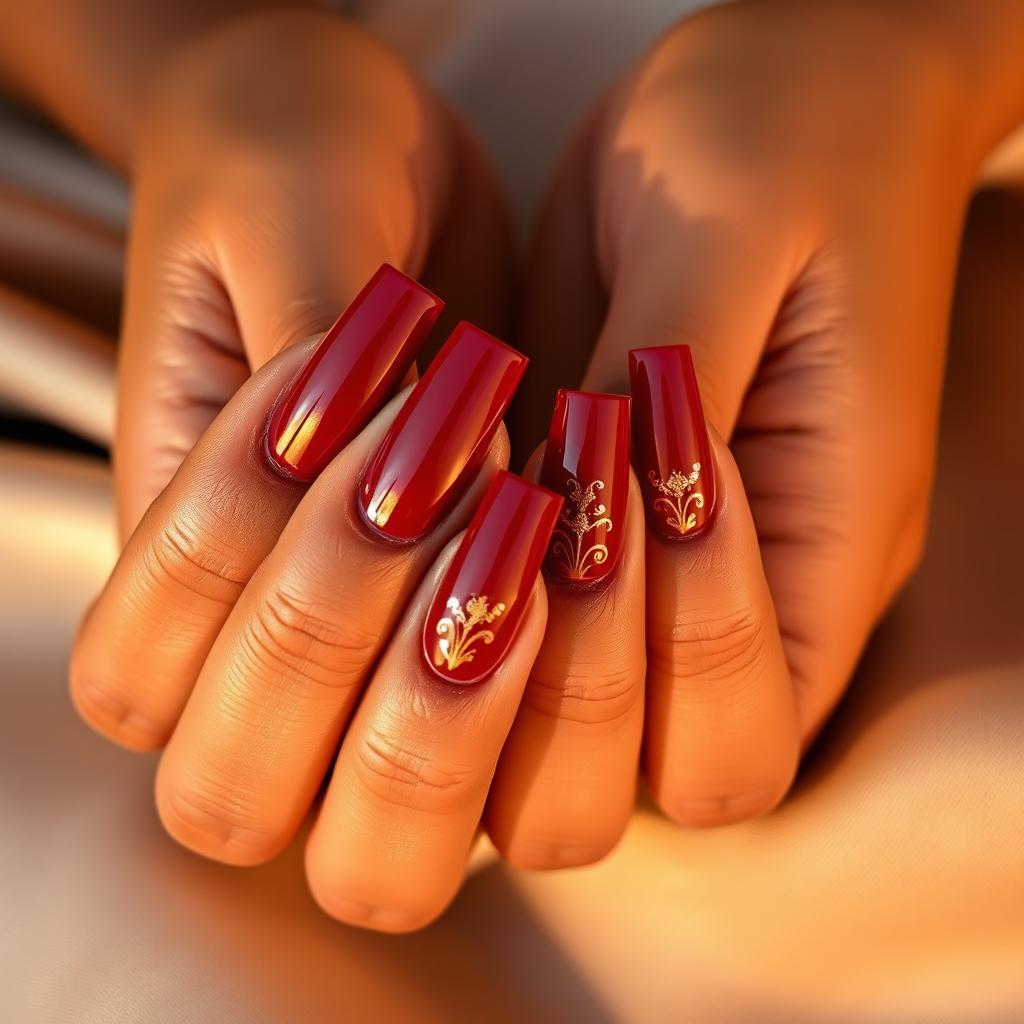 A close-up of beautifully manicured hands, featuring long, elegant nails painted in a glossy, deep crimson color