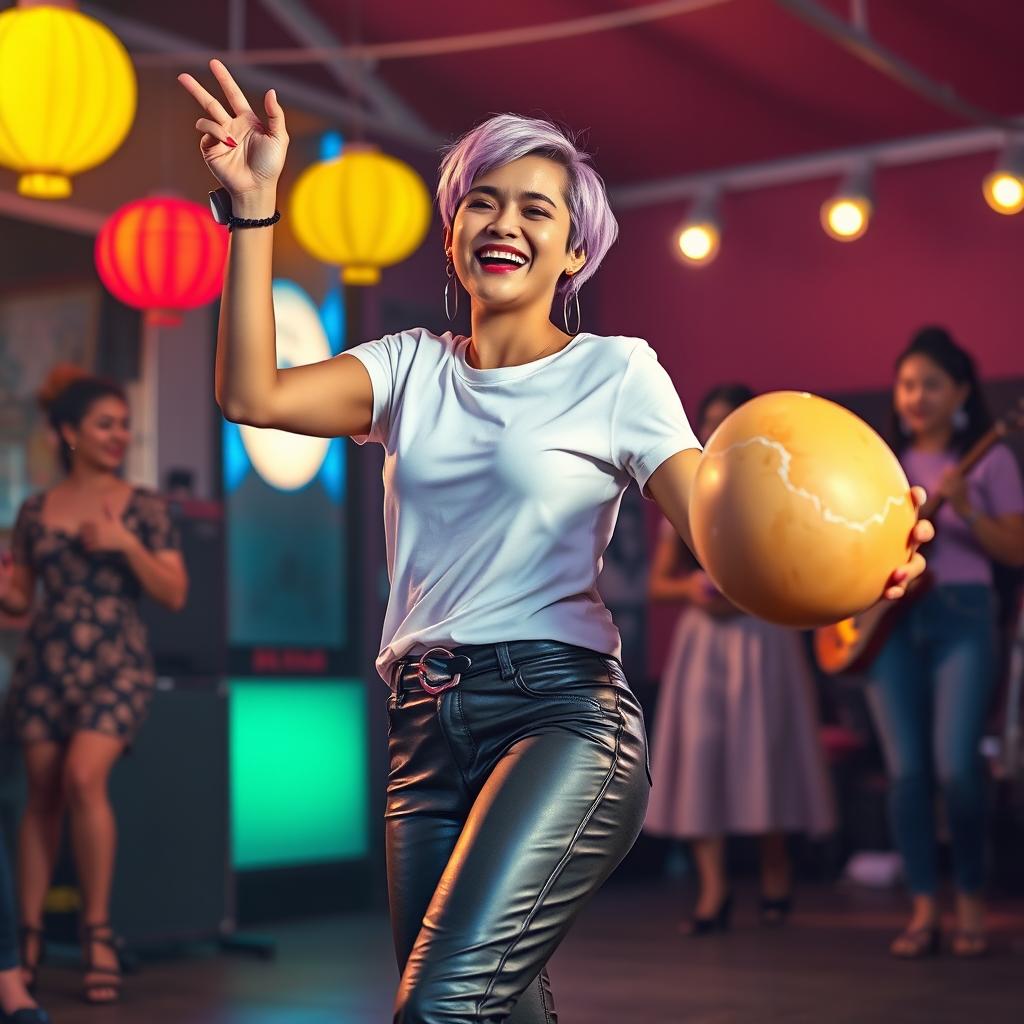 A highly realistic image of a beautiful 25-year-old woman of Indonesian-Dutch descent with short violet blonde hair, wearing rocker-style earrings