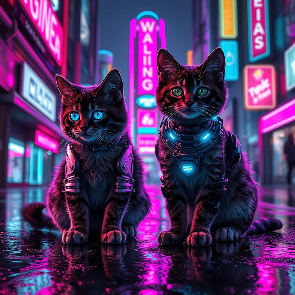 Two cyberpunk-style cats in a neon-lit city at night