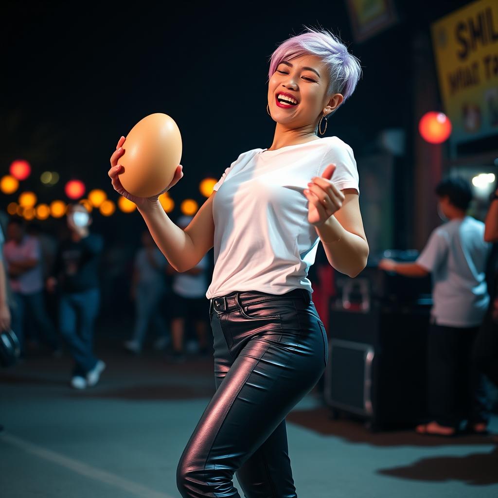 A highly realistic image of a beautiful 25-year-old woman of Indonesian-Dutch descent, featuring short violet blonde hair