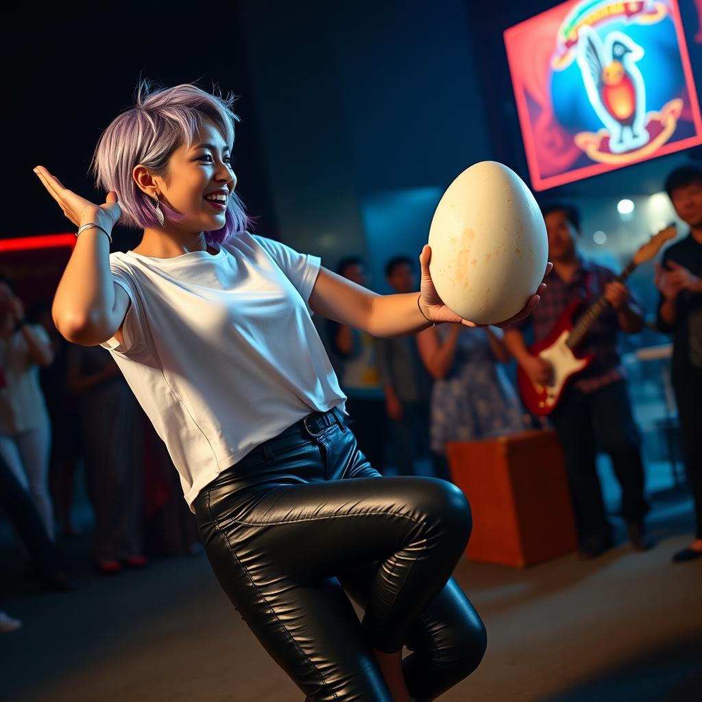 A highly realistic image of a beautiful 25-year-old woman of mixed Indonesian and Dutch descent, featuring short violet blonde hair