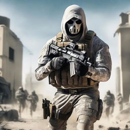 Strong and imposing portrayal of Ghost, the iconic character from Call of Duty, ready for action in his signature tactical gear.